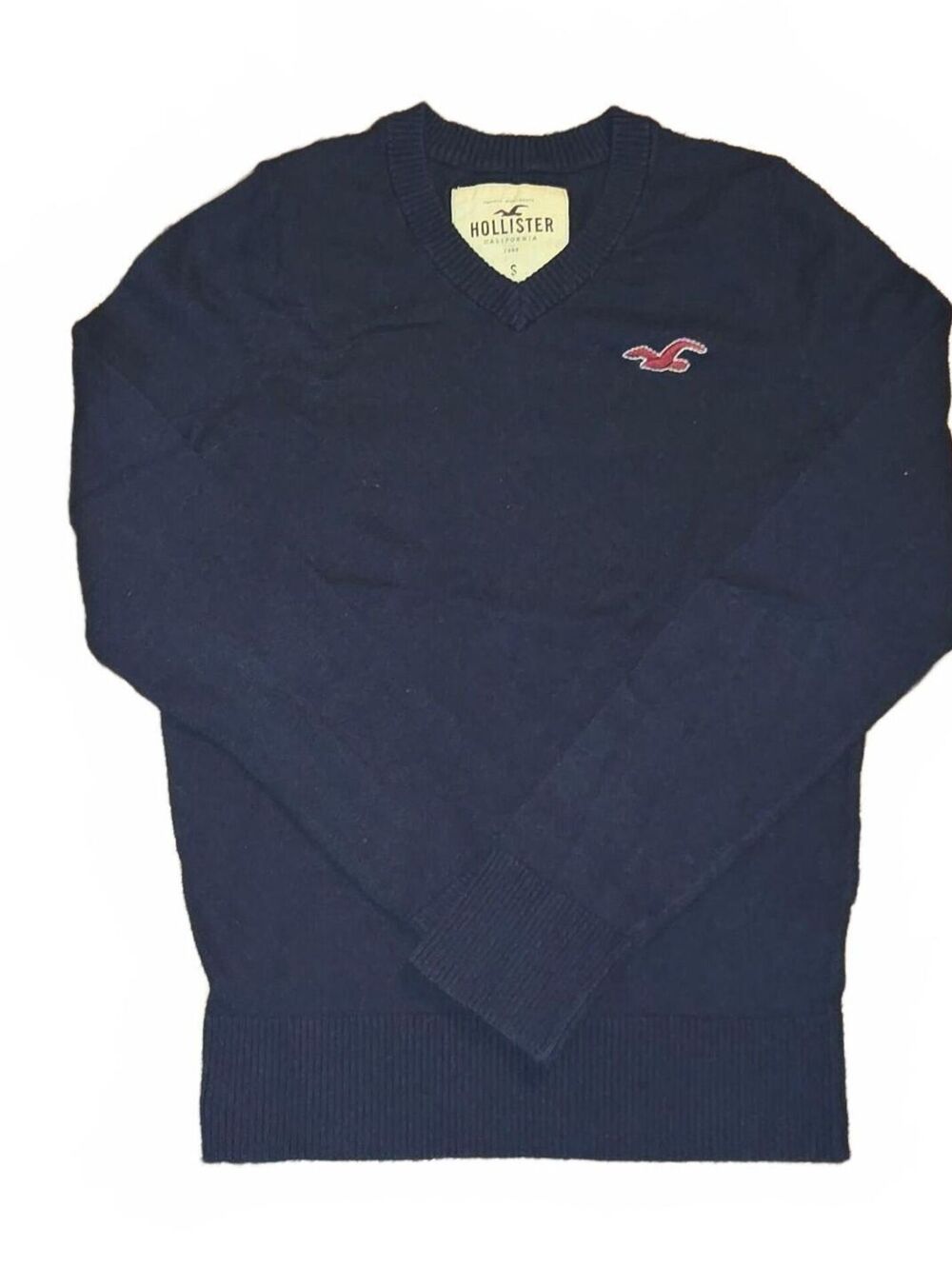 Hollister Mens V-Neck Sweater Blue Red Seagull Logo S Cotton Wool Y2K